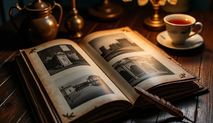 An Old Photo Album on a Table
Description:

Setting: A classic brown leather-bound photo album opened, containing black and white photos, dimly lit.

Details: A steaming cup of tea and a quill pen placed next to it, shadows cast by a nearby lamp.