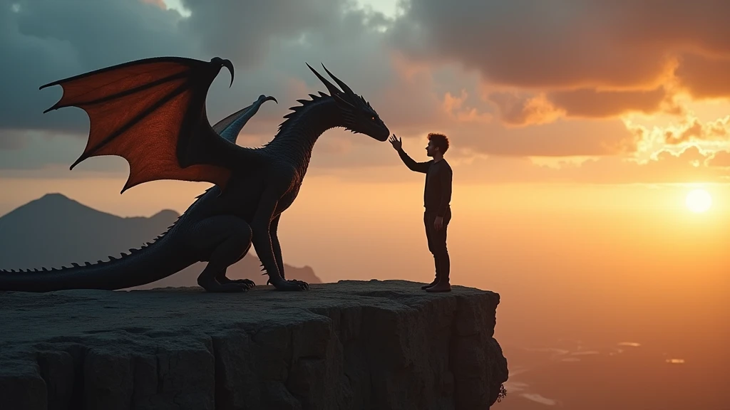 In this image,  we see an exciting moment between a human and a dragon ,  located on the top of a cliff at dusk . The human is standing ,  reaching out in a gesture of connection or friendship to touch the dragon,  that tilts its head in response . the dra...