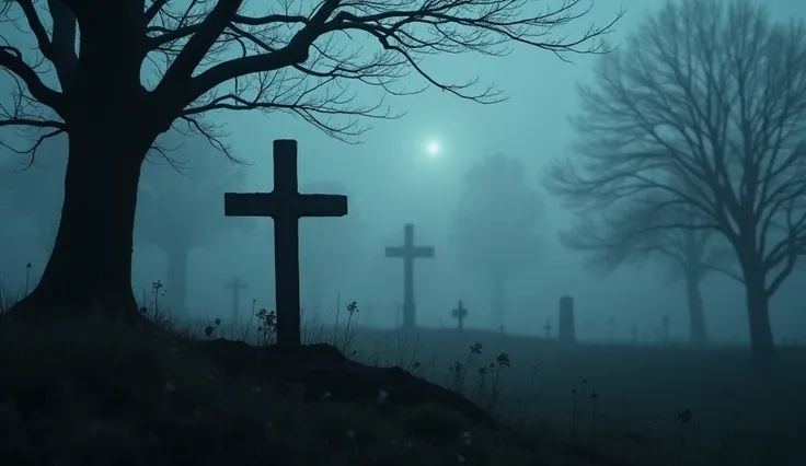 "A chilling image of a misty graveyard at twilight. A freshly dug grave with a simple wooden cross stands under a leafless tree. In the distance, faint shadowy figures lurk, their forms blending with the fog, symbolizing the lingering questions of her fate...