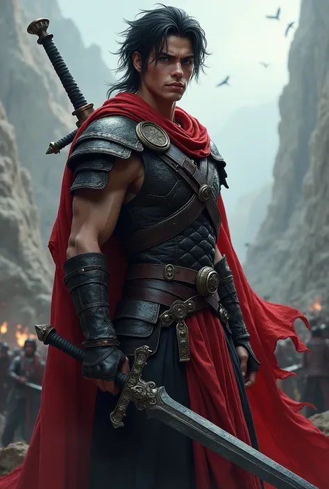 a prince, man. 20-year-old warrior .
WITH SPANISH OR AMERICAN FEATURES .
 white skin .
 Black hair with red tufts .
 The height of the hair should be up to the shoulders . 
blue eyes. 
 And the warriors clothing will be red and black.
 The background will ...