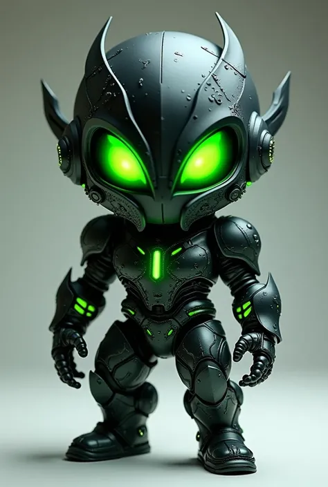  A collectible Virex chibi design , the nemesis of Kryon ,  shown completely from the front in a fixed and threatening pose .  Its armor is matte black with luminous details in green simulate corrupted veins .  The helmet completely covers her head ,  with...