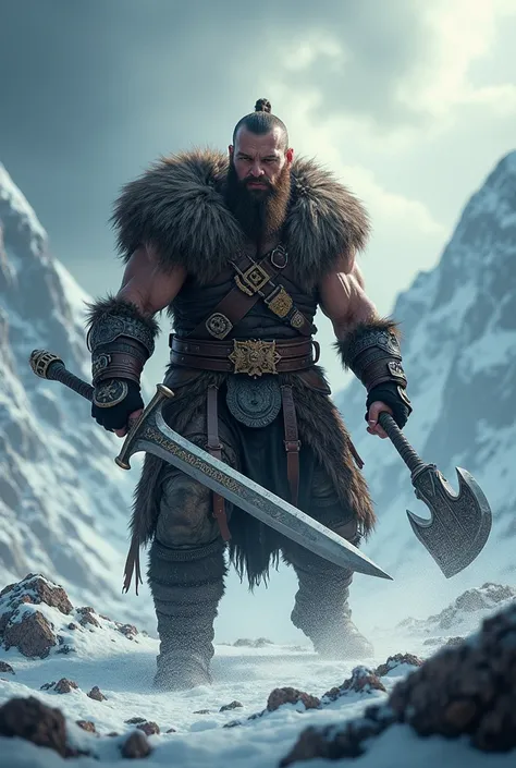 A tough hero straight from Nordic mythology fighting 