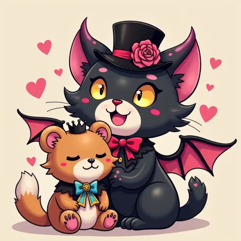 desenho de um gato  anthropomorphic e um ursinho de pelúcia vestidos como realeza,  the cat is black with pink details  ,  he has thick eyebrows and horns and pink and black wings ,  he wears a black hat with a rose and has a wide and strange smile .  The ...