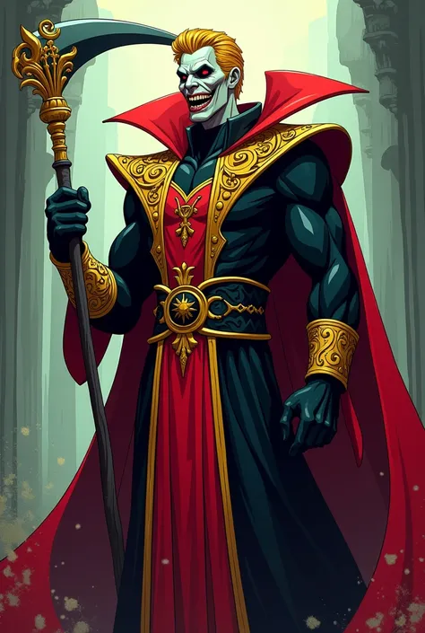 A tall man, blonde,  wearing a red and black dress with gold details, carrying a scythe, with a proud face ,  a macabre smile with pointed teeth , cartoon, .