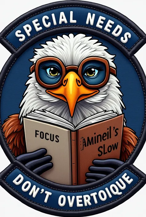  Make me a patch in the style of the aviation patches used in the flight suit,  with a fun character ,  where the title is  "Special Needs" with the motto " Dont overtorque ",  will be used in the game by people who are  "Slow "  reasoning . Draw an eagle ...