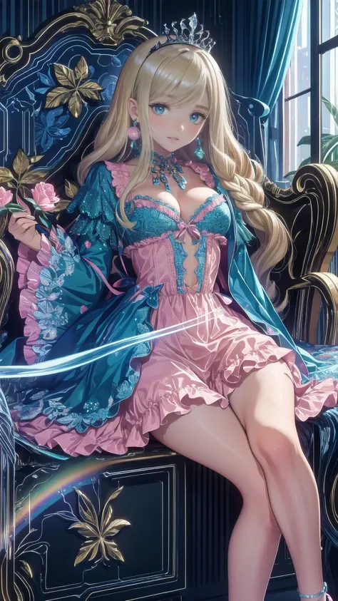 (8k,  top quality,  Masterpiece  : 1.2),  Ultra High Definition ,,  Marie Antoinette ,  super detailed face ,fine grain,  please open your mouth slightly  ,( blonde alone), long hair,  bangs wave, break,Rococo Ruffle Dress,Long sleeve dress,  dress for lyi...