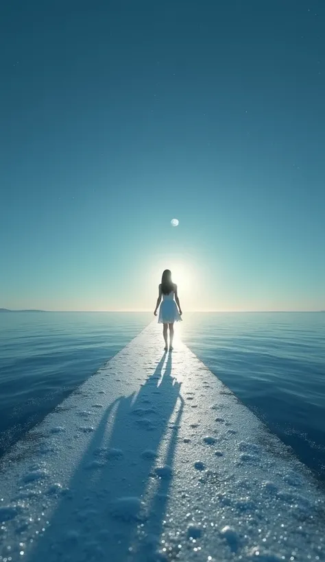   Masterpiece  ,Virtual Space,Alone,woman（ moves while looking back ） shaped silhouette that leads the way ,  silhouette is white ,  The silhouette is in the ocean , Particles of light（ very fine digital particles ） acts as a path ,  a very small sun set a...