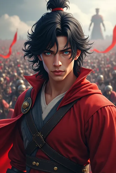 a prince, man. 19-year-old Guerrero.
WITH SPANISH OR AMERICAN FEATURES .
 white skin .
 Black hair with red tufts .
 The height of the hair should be up to the shoulders . 
blue eyes. 
 And the warriors clothing will be red and black.
 The background will ...