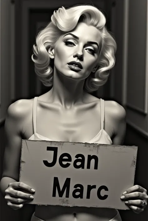 Marilyn Monroe qui tient une pancarte écrit JEAN MARC 