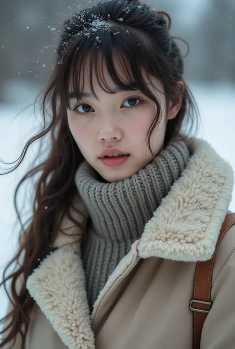 young woman in clothes, in winter boots, needs to look like a real life person, hyper-realistic, she has hair bangs