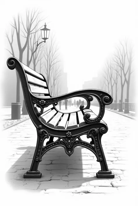 Parisian bench in front view in black and white drawn style