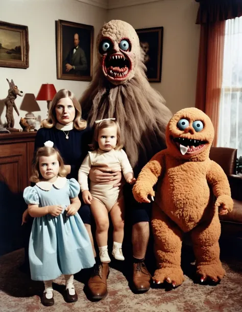 1970s style horror movie scene with strange horrific person, horrific strange stuffed animal, family photo. animatronic, horror , vintage home, monster movie, horror movie, 1970s, scifi, vintage, hyperrealistic