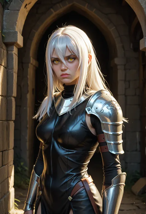 a tired young female knight of about 20 years age resembling (Erza Scarlet:Motoko Kusanagi) with soft features, medium length white hair and golden eyes, with a sword sheathed at her back, in an orc dungeon, wearing a black bodysuit underneath the armor, (...