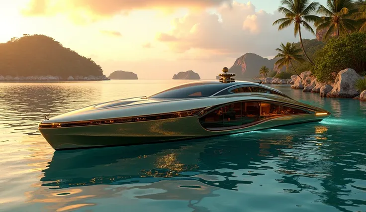 " Futuristic yacht in a paradisiacal tropical environment, surrounded by exotic islands ,  with gold and glass details ,  reflecting the sunset light ."