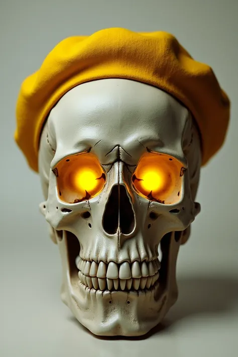 draw a skull head facing forward wearing a yellow beret and give a yellow light effect in the two skull holes in the eyes 