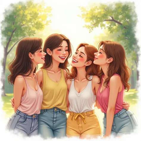 Cute and beautiful girls walking, talking and laughing, one girl hand covering mouth laughing in realistic watercolour style.