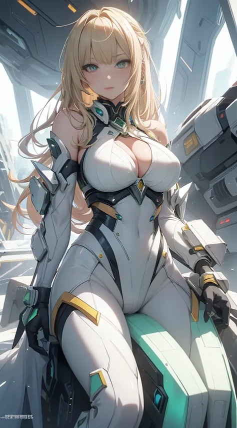  Blond-haired anime girl with bangs and a long ponytail,  green eyes,  white skin , big bust,  futuristic mecha bikini suit,  yellow crystal on her chest , sitting inside a futuristic space capsule ,  post-apocalyptic scene .