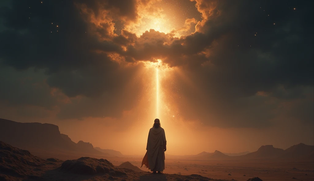 A dark, foreboding atmosphere in the same desert setting. Abram is seen looking troubled, his face filled with sorrow and concern. Above him, the divine presence takes on a more somber tone, with a swirling cloud of dark energy surrounding it. The stars ab...