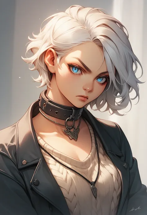 Alone，olive scaly skin combination of reptilian and humanoid features，A snake-like face ，female，flat nose，Thin lips，Anime Beauty， short white hair， blue eyes ，Collar，Wear an open top sweater，Black trousers，Full body picture， serious expression 