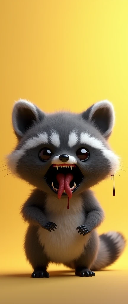 A 3D render of a dark fantasy version of a yellow cute extra fluffy baby realistic raccoon from Poppy Playtime. The catnap is depicted without eyes, its jaw wide open, revealing a black mouth devoid of teeth and a protruding tongue. A chilling shadow effec...