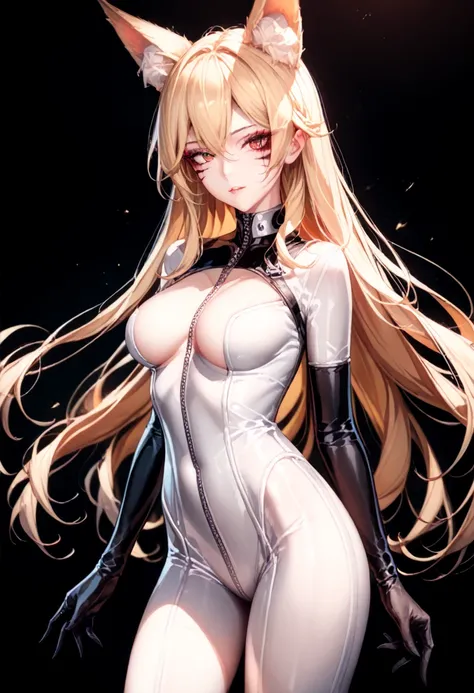   long hair,  compose, mascara , rpg, mucus,   smooth leather  ,    erotic pose, cut out,     High School of the Dead   , 2D, topic,  Blonde hair , fox ears,  sexy tight suit,  candid outfit 