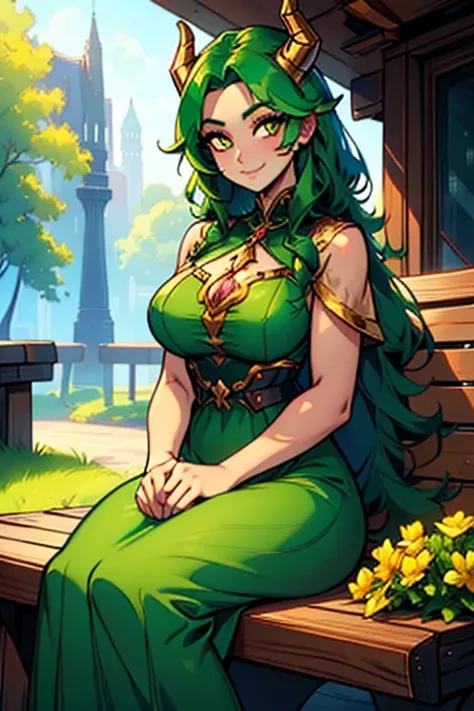 Perfect face. Perfect hands. A emerald green haired woman with golden eyes and golden horns with an hourglass figure in a cute summer dress is smiling on a park bench