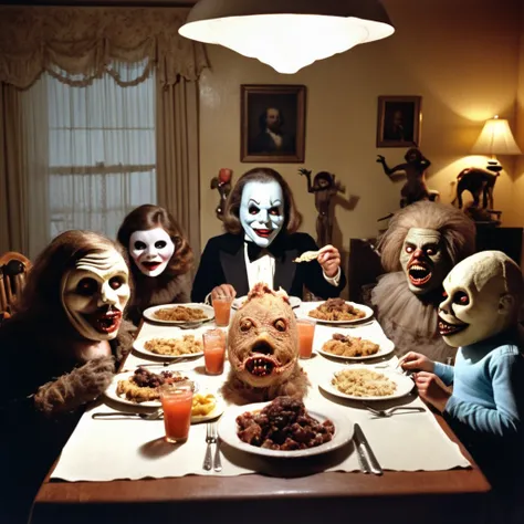 1970s style horror movie scene with strange horrific persons with horrific scary mask, strange horrific stuffed animals, eating food around a dining table, animatronic, horror, monster movie, horror movie, puppet, 1970s, scifi, vintage, hyperrealistic, far...