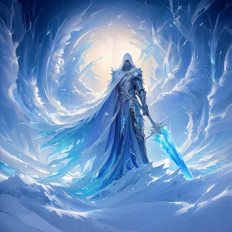 {  top quality}, {  very beautiful }, {  super detailed}, {  best illustrations } Armor reflecting the color of silver ice, In the water、 have an ice spear、Fight with an ice spear 、Trying to pierce an opponent、background：Ice World