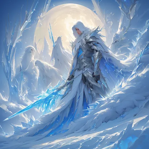 {  top quality}, {  very beautiful }, {  super detailed}, {  best illustrations } Armor reflecting the color of silver ice, In the water、 have an ice spear、Fight with an ice spear 、Trying to pierce an opponent、background：Ice World