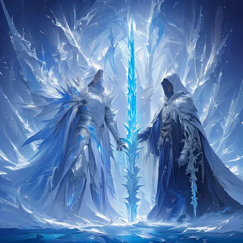 {  top quality}, {  very beautiful }, {  super detailed}, {  best illustrations } Armor reflecting the color of silver ice, In the water、 have an ice spear、Fight with an ice spear 、Trying to pierce an opponent、background：Ice World