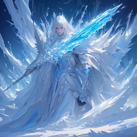 {  top quality}, {  very beautiful }, {  super detailed}, {  best illustrations } Armor reflecting the color of silver ice, In the water、 have an ice spear、Fight with an ice spear 、Trying to pierce an opponent、background：Ice World