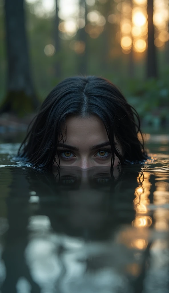 A serene, dreamlike scene of a shallow lake surrounded by dense, mystical forest at twilight. In the still, glassy water, only the captivating hazel eyes of a elf woman are visible, their gaze magnetic and full of mystery. Her face is hidden beneath the su...