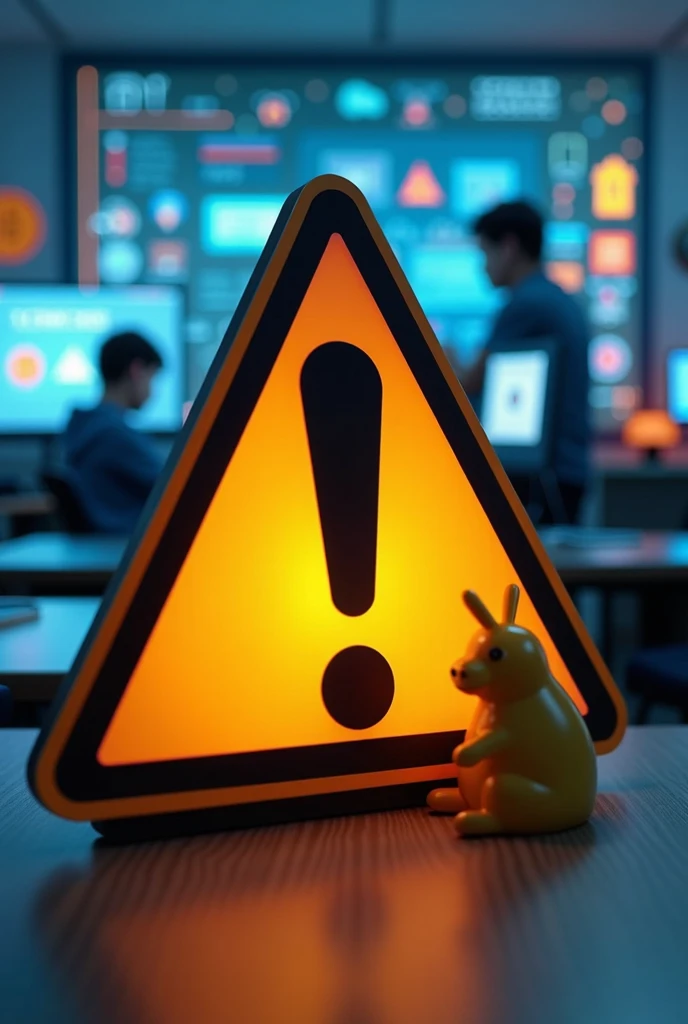 A cautionary scene in a modern classroom with a large, bold warning symbol such as an exclamation mark inside a triangle. The symbol is prominently displayed in the foreground, with digital screens, computers, and educational tools in the background. In th...