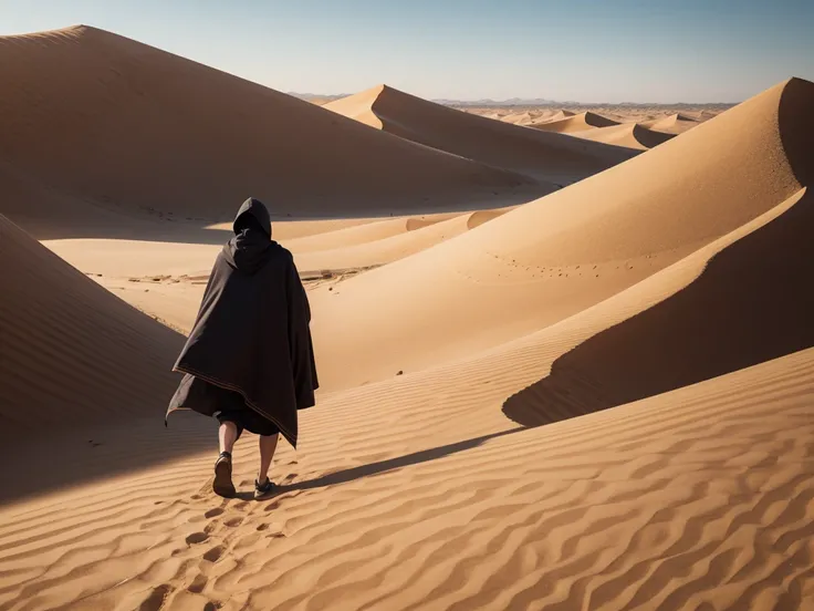 desert, 1 traveler , cape,  strong sunshine, Dry Earth, As far as the eye can see, he is hooded with a sand , Sand Dunes,  cloak, Adventurer