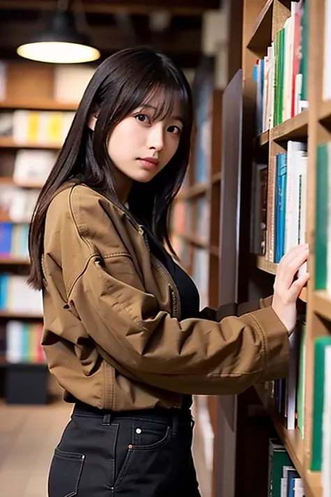 (masterpiece, best quality, perfect anatomy,  highres icon, 8k, realistic, photorealistic, natural skin texture, no makeup:1.2),  cowboy shot of a Japanese girl looking for books in the fall library, (Looking at the camera while putting her hands on the bo...