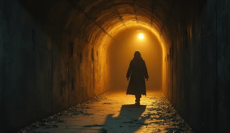 A dimly lit underground tunnel beneath Disneyland, with a figure walking away, creating a chilling and mysterious mood, photograph 3D, cinematic, with warm golden lighting, paiting