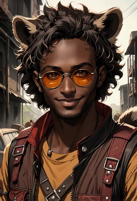 (8k, 4k, intricate),(halfbody-shot:1), (highly detailed:1.2),(detailed background:1.2),((dark skin, handsome face,handsome male, smiling)), ((raccoon ears, tanuki tail))((post-apocalyptic aesthetic, post-apocalyptic clothing, walking dead aesthetic))) (Bes...