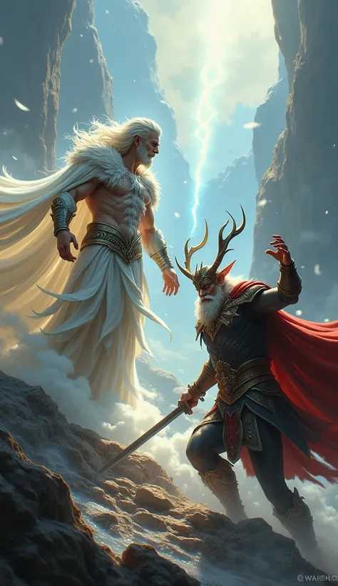  Create an image of the Norse god Balder, God of light,  beauty and joy in a battle against the Norse god Loki, god of deception 
