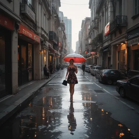 A black-and-white image depicts a woman walking down a wet city street in white and black, holding an umbrella and wearing a floral-patterned dress. The street is reflective, showing a colorful version of the woman and her umbrella in the puddle beneath he...