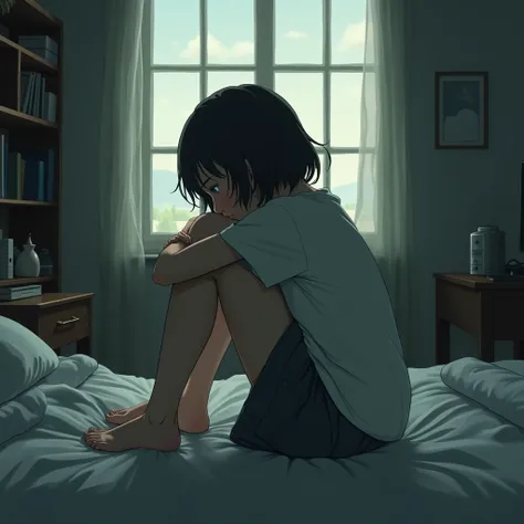 A girl sit on her bed in sad position and looking through the window. View from her behind.