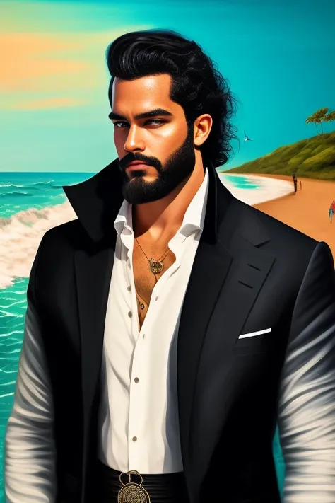 create a man which have ocean color like eyes , heavy hair , sharp features of face , tall height, waering black three piece , ewaring black loffer , black chain watch at left hand , stand at bridge , the bridge pass over the stream,the one hand of man in ...