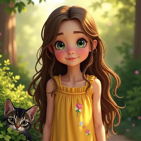 re me a picture of a  of six years old she has big bright green eyes and long brown hair that catches the sunlight with a yellow dress with flowers, with a little three month old kitten with black and gray stripes hidden behind a bush.