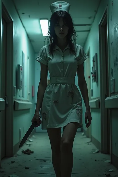  A girl,   wearing a sexy nurse uniform,  dirty and torn,  Shes holding a knife ,  In an abandoned hospital at night