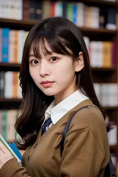 (masterpiece, best quality, perfect anatomy,  highres icon, 8k, realistic, photorealistic, natural skin texture, no makeup:1.2),  cowboy shot of a Japanese girl looking for books in the fall library, (Looking at the camera while putting her hands on the bo...