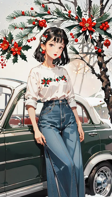 (((paper cutting style))), 1 girl, short black long hair, straight hair, shirts and denim, classic vintage car、XMas、後ろ姿, 