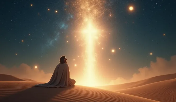 A sacred scene of Abram kneeling in a quiet desert under a vast starry sky. A radiant, ethereal presence of God hovers above him, surrounded by celestial light and energy. As divine light touches Abram, he is transformed into Abraham, his expression filled...