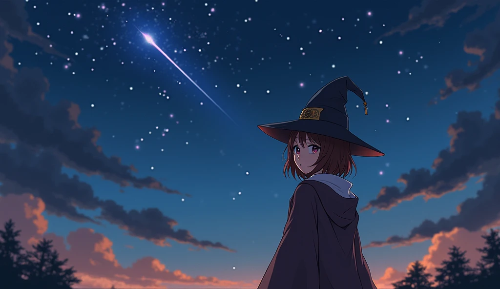 8k、 high school girl、 adult-like、smile、 Looking Back、 back view、 look over here、dark brown robe 、Three-cornered hat、 medieval Europe 、 Another World、Adventures End 、night、Meteor Shower、 shooting stars、 starry sky 、 romantic、 glitter、Anime 2D Style、Lo-Fi、Lo...