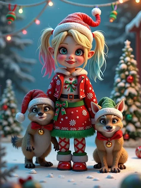 harley quinn in Christmas outfit, cute, hyena with elf outfit, background Christmas scene