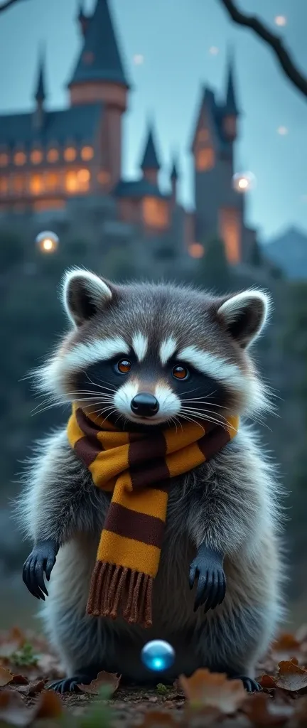 A photo of a fluffy baby raccoon wearing a Harry Potter costume. The raccoon has amber eyes and a fur coat that transitions from gray to white. It is wearing a striped scarf in hues of brown and gold. The background is a mystical nighttime setting with a c...