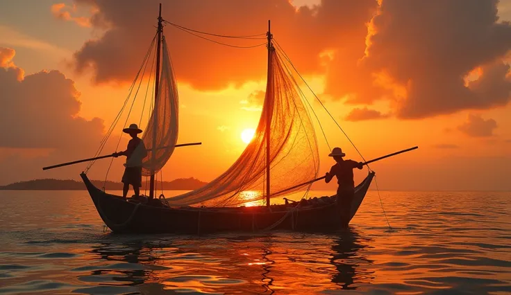 in the afternoon the sun sets. 2 Indonesian fishermen are casting a net on a sailboat. hyper-realistic, high contrast, high color effect, 8K, detailed, focused.